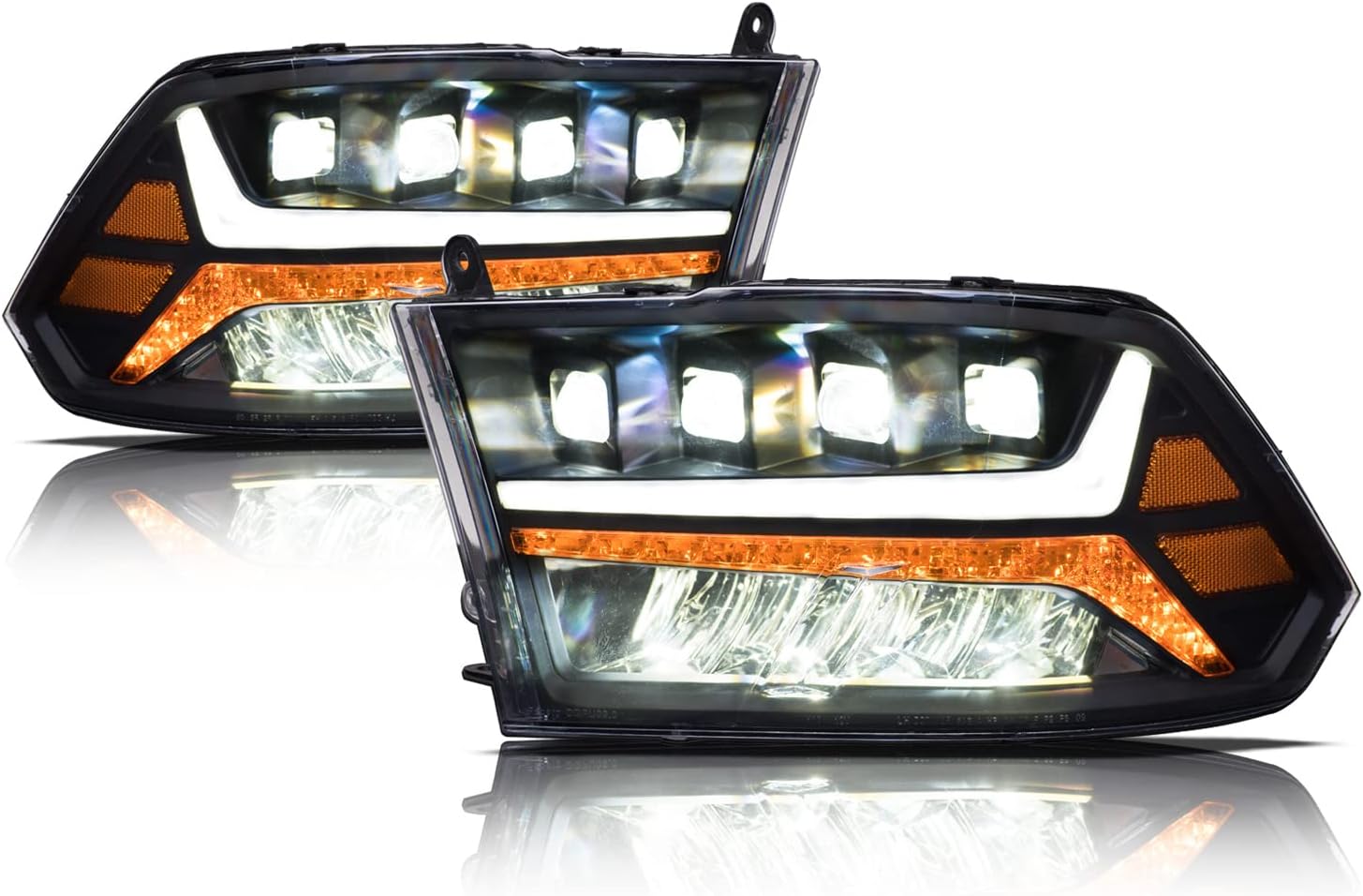 - Alpha Owls 7180093 Quad-Pro Series Full LED Projector Headlights With White LED Light Bar & Sequential Signal - Black Amber Fits 2009-2018 Dodge Ram 1500 2500 3500/2019-2023 Classic Halogen Models