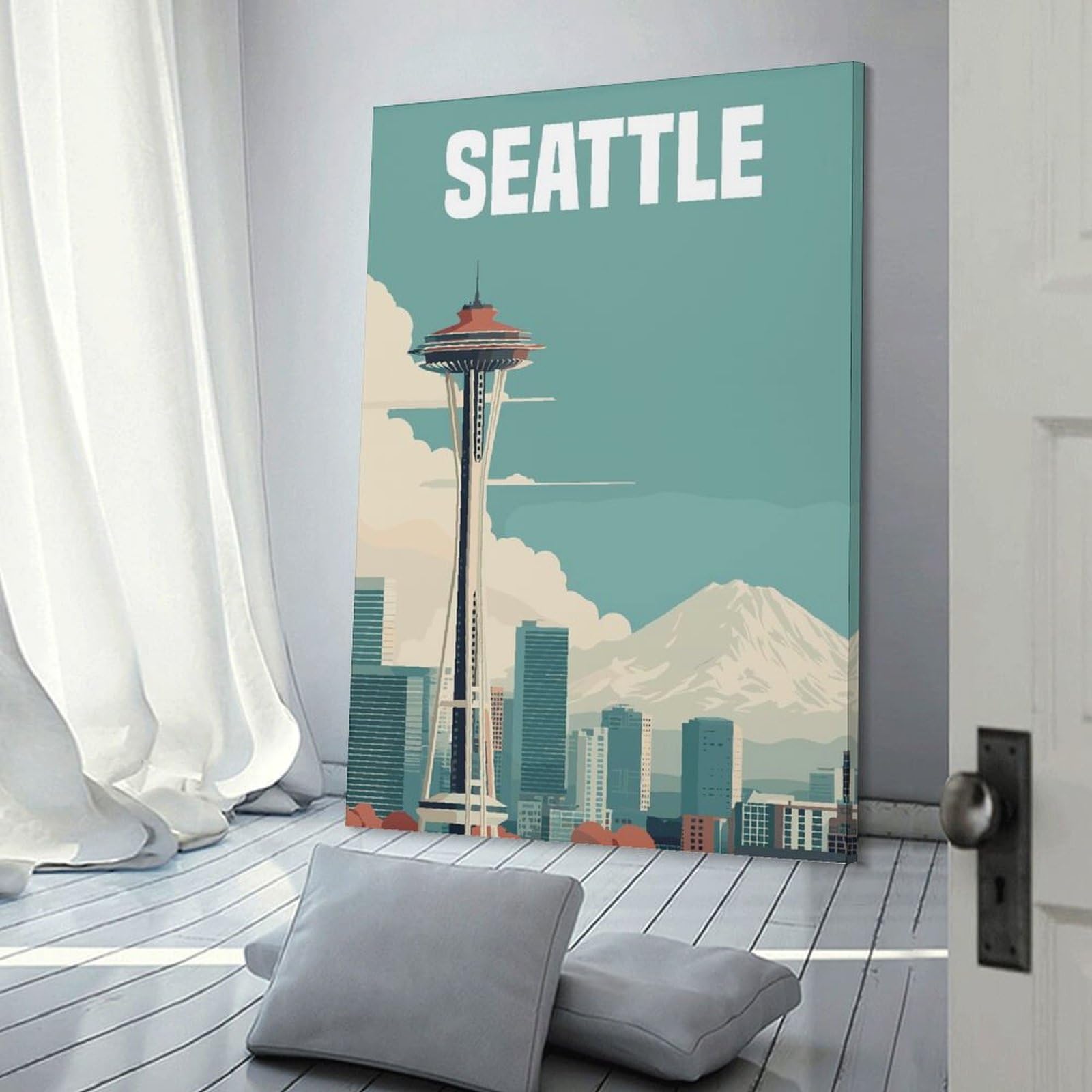 Junmoney Wall Art Print Seattle Cityscape Travel, 24x36inch(60x90cm), for Living Room, Lounge Or Sitting Room, Eye Catching Artwork for Blank Walls