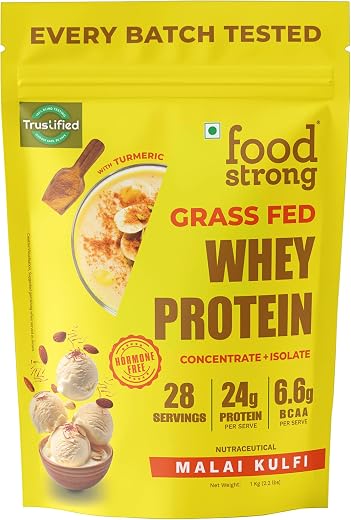 Foodstrong Whey Protein Powder (Concentrate + Isolate), 100% Hormone Free Grass-Fed Whey, 24G Protein &amp; 6.6G BCAA, Malai K...