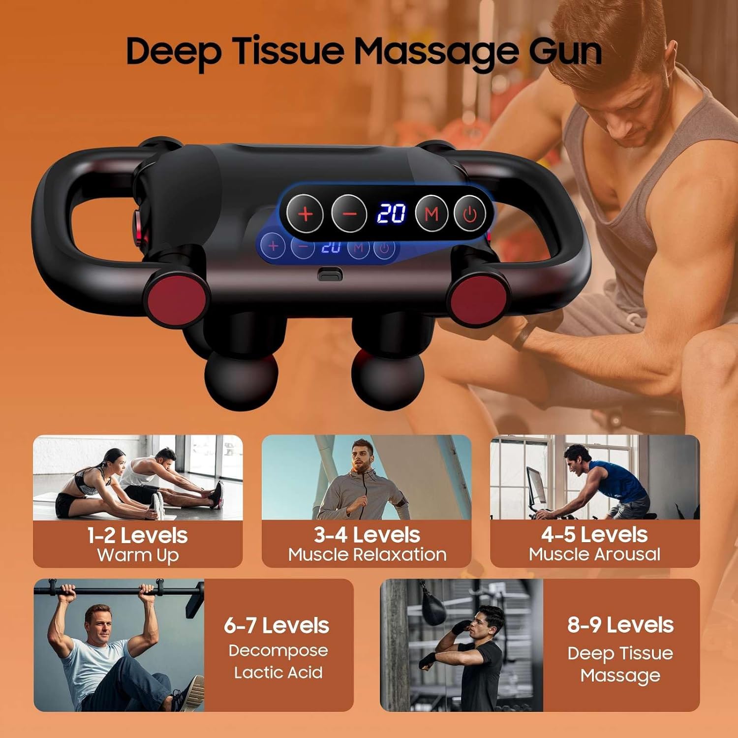 6-Head Massage Gun Set, Deep Tissue Percussion Massager with 5 Modes & 20 Intensities, Quiet Handheld Muscle Massager for Back, Shoulders, Legs & Feet, for Home, Office, Gym & Travel,