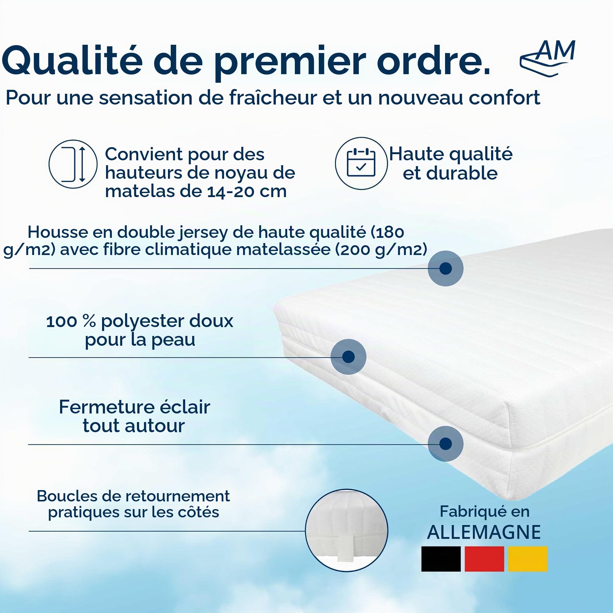 AM Qualitätsmatratzen - Housse de Matelas 140x190 Polyester - Protège Matelas avec Fermeture éclair - Amovible et Lavable - Housse Matelas 140 x 190 epaisseur 18 cm - Housse Matelas intégrale por lit