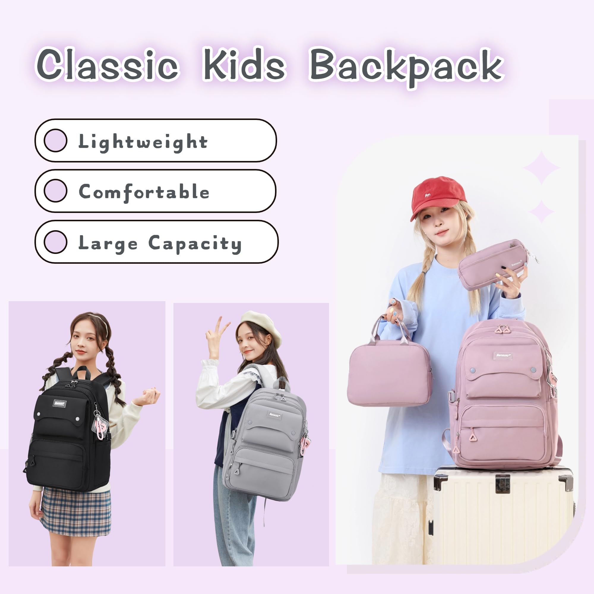 Lot de 3 sacs à dos et sac à déjeuner pour filles de couleur unie, 3 pièces - violet, 29L