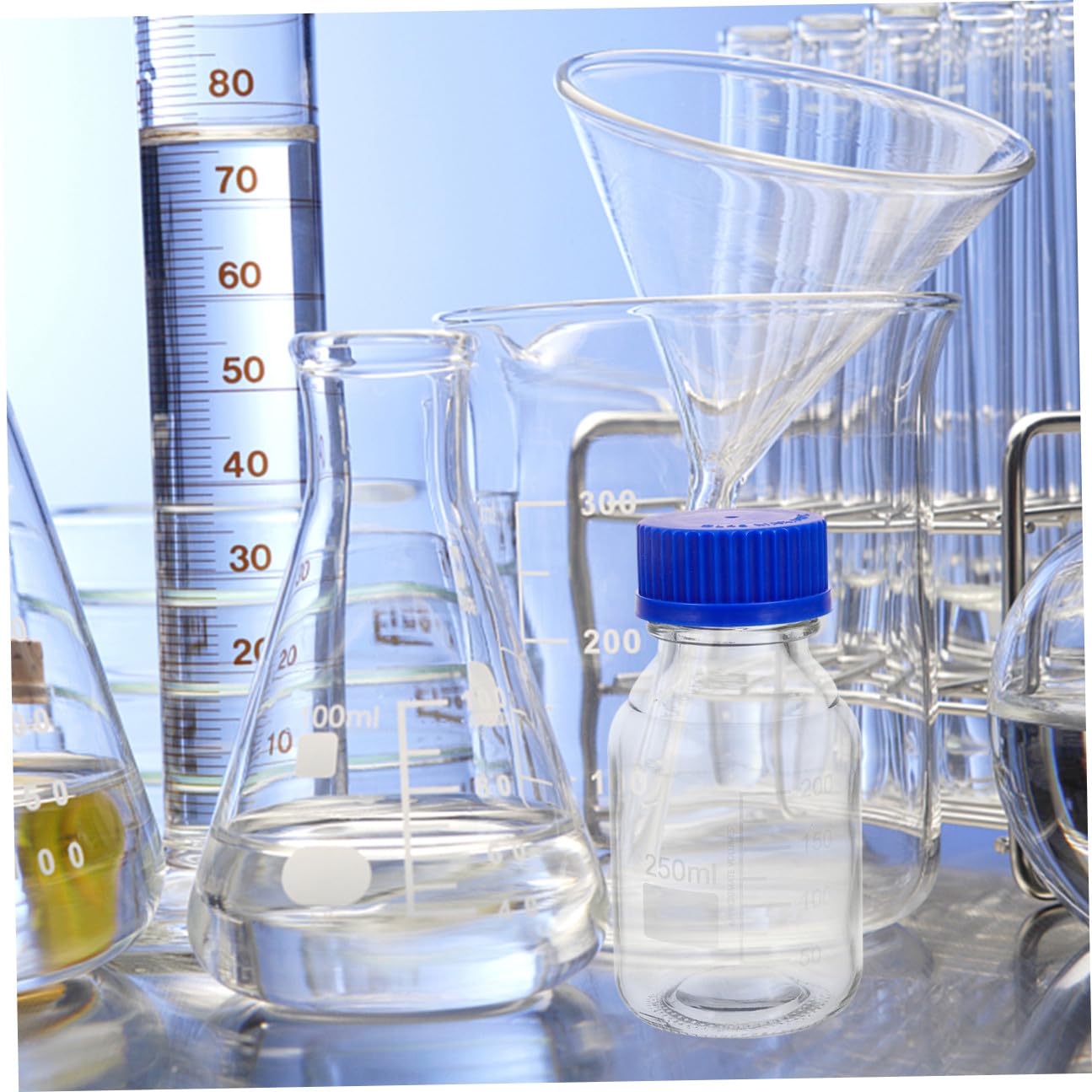 Alipis Confezione 4 Pezzi Bottiglie di Reagente in Vetro da 250ml con Tappi a Vite Blu, Design Graduato Lavabile per Istituti Chimici e Laboratori