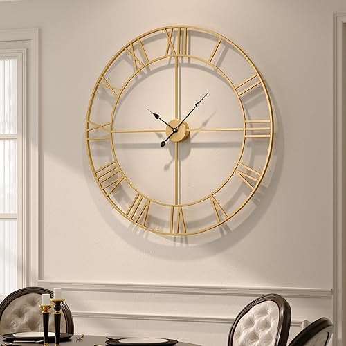 Miniatura 44 de Reloj de pared de 24 pulgadas, relojes de pared grandes para sala de estar, reloj redondo de metal decorativo, funciona con pilas, silencioso, sin