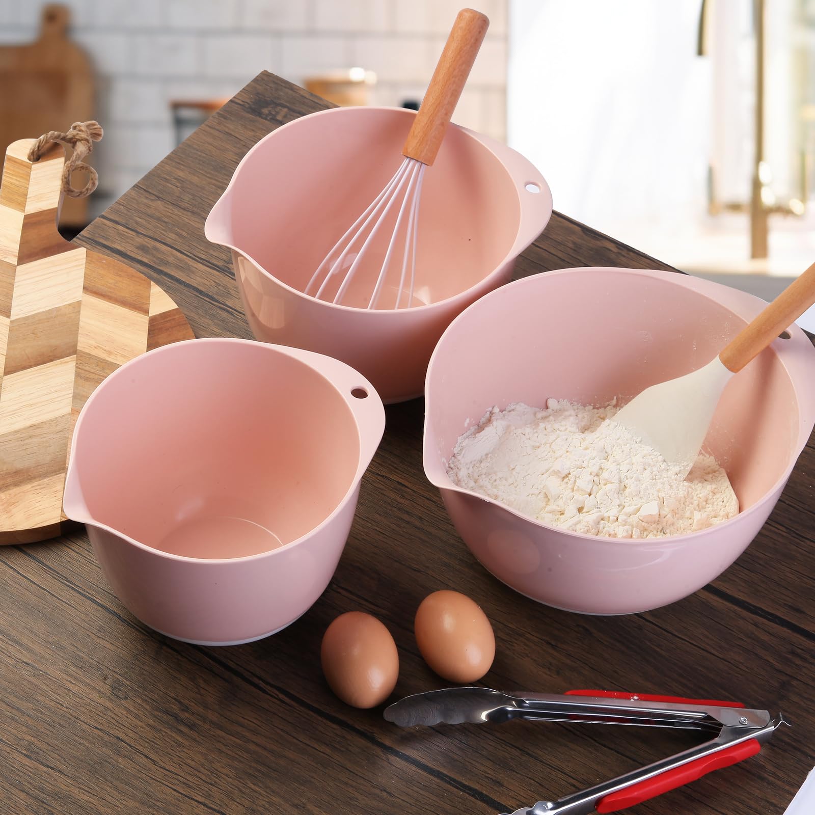 Cuencos para mezclar con boquilla de vertido y parte inferior de TPR, juego de 3 cuencos para mezclar con tapas, cuenco de plástico para preparación de cocina, condimentos, hornear pasteles,