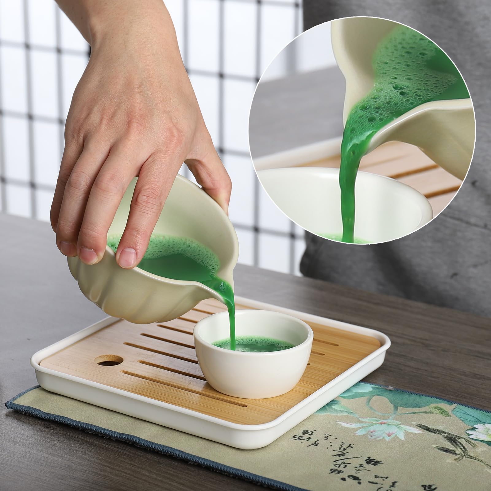 Juego de 8 batidores de matcha, kit de matcha para ceremonia, cuenco de matcha con boquilla, batidor y soporte, cuchara de bambú, bolsa de almacenamiento de cuero y tamiz de acero inoxidable