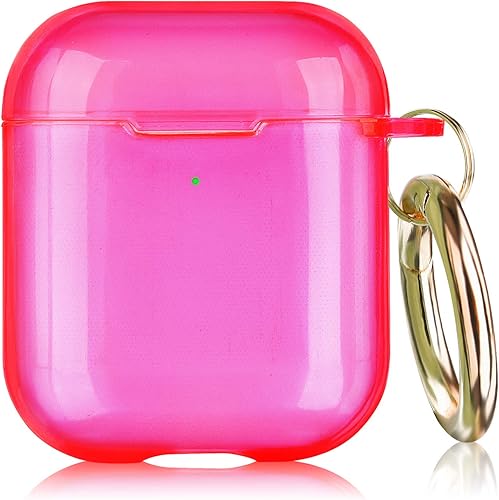 Airpods - Funda para Airpods, TPU suave, funda protectora compatible con Apple AirPods 1/2, cargador inalámbrico con llavero. Rosado neón