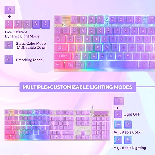 Miniatura 2 de CHONCHOW Combo de teclado y mouse RGB para juegos, teclado transparente con cable USB, retroiluminación LED arco iris, juego de teclado transparente