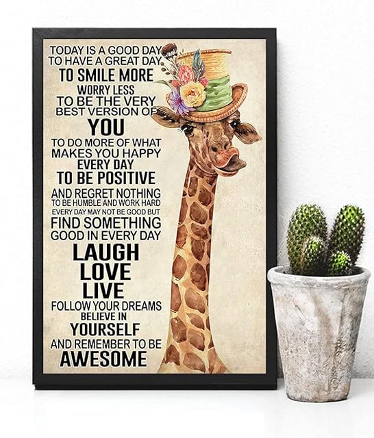 Retro Metal Tin Sign Giraffe- Today is A Good Day to Smile More Worry Less Metal Sign Retro Home Bathroom Posters Fun Garage Street Plaque for Family Cafe Bar Farm Country Art Wall Decor 8x12inch