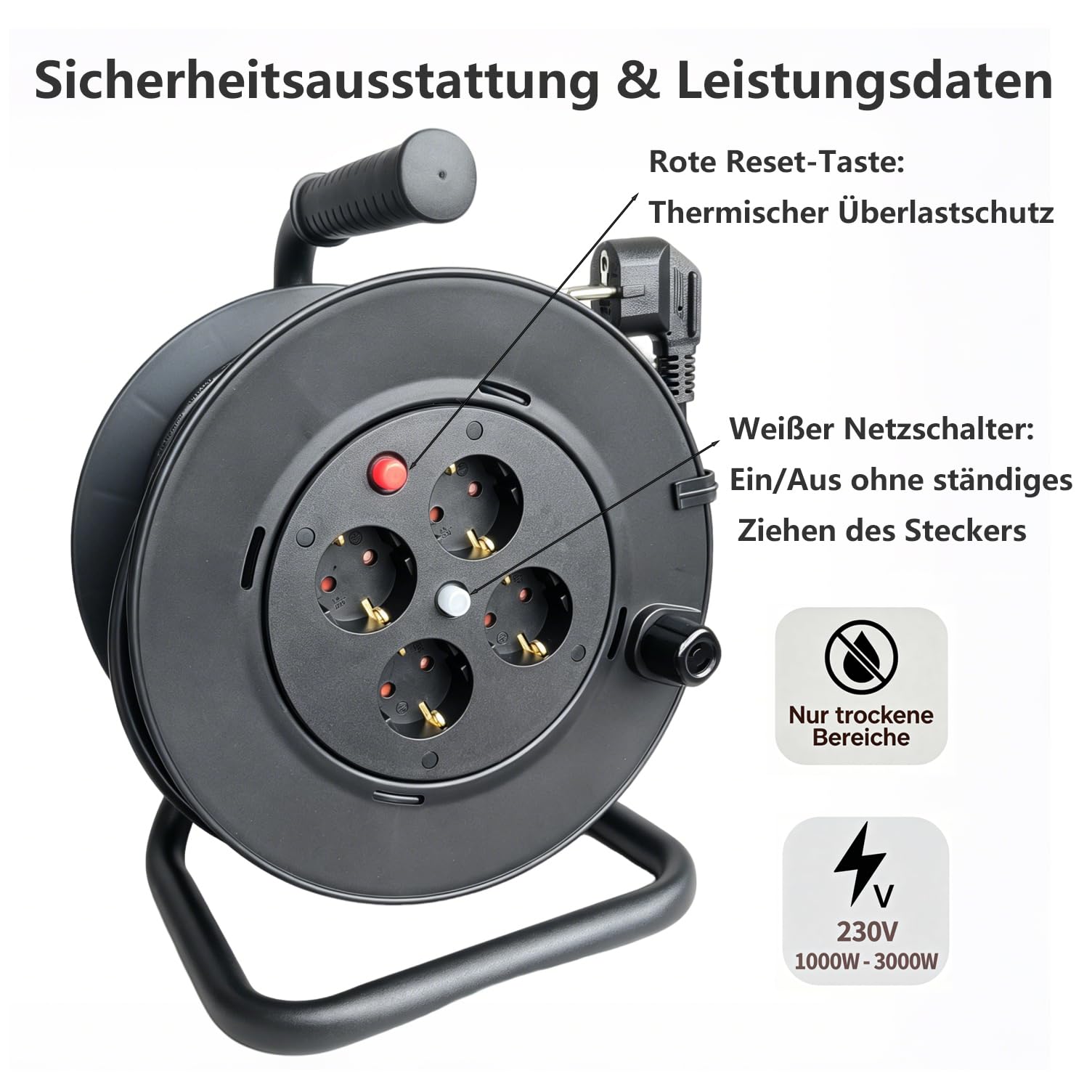 Werkstatt Kabeltrommel 30m mit Schalter und Überhitzungsschutz | TÜV-Zertifiziert,IP20,Handkabeltrommel mit Tragegriff, ideal für Indoor und Garten, Kabelrolle mit Steckdosenleiste, schwarz
