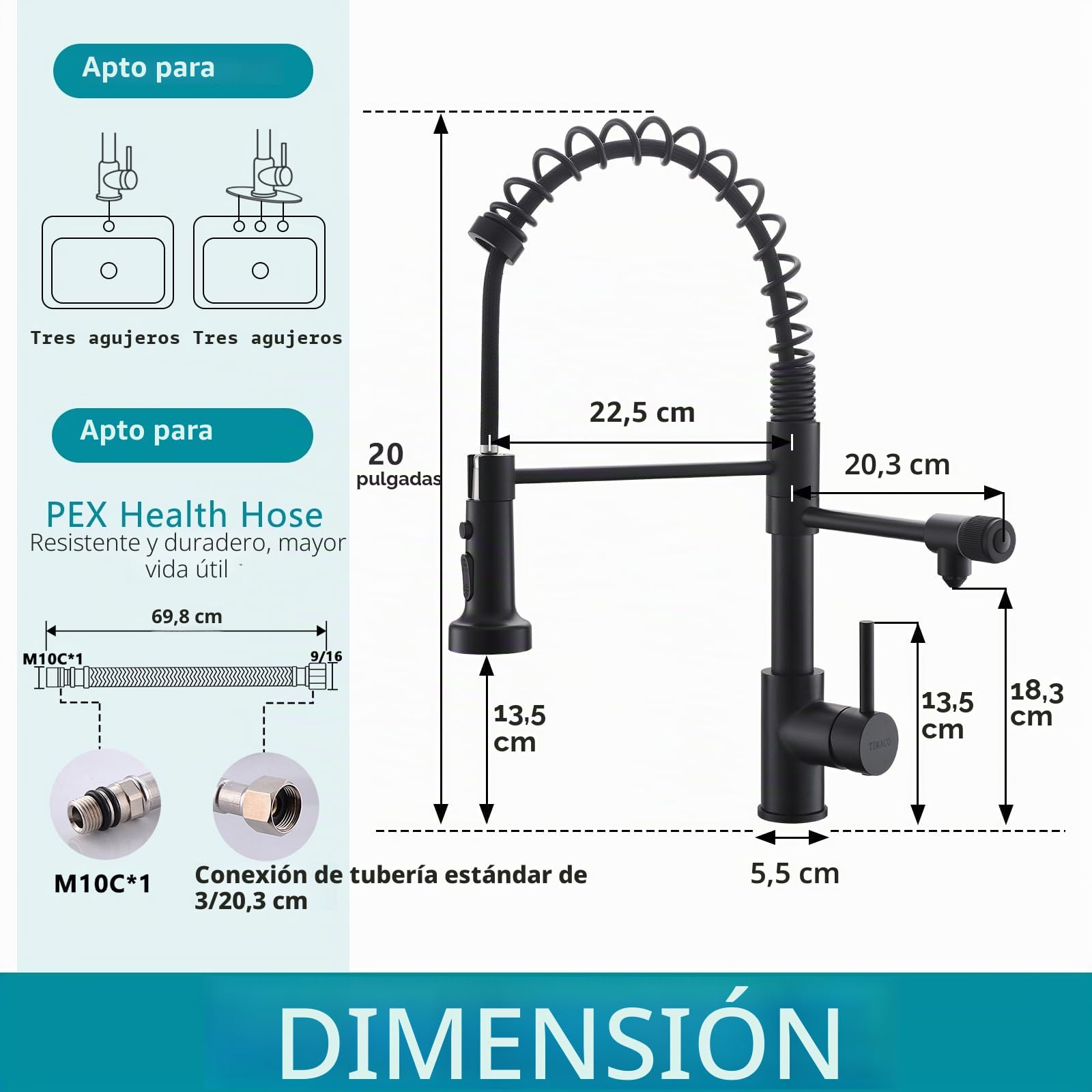 TIMACO Grifo de cocina de 3 vías negro con alcachofa extraíble, grifo de cocina giratorio 360°, mezclador monomando de acero inoxidable, grifo de fregadero con grifo de agua de 3 en 1 para filtro de