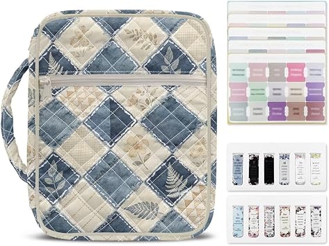 XYZCANDO Large Bible Cover for Women with Supplies Blue Plaid Portable Bible Pouch Washable Bible Protector Custom Church Christian Gifts