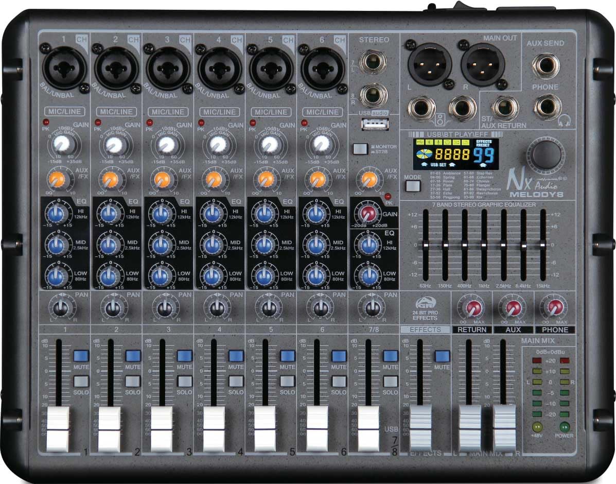 Nx Audio MELODY8 Professional 8-Channel Live Mixer with Symphony-Series Preamps, USB Playback, 24-Bit DSP Effects, 7-Band EQ, XLR Balanced Outputs-image-17