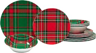 Certified International Christmas Plaid Melamine 12 Piece Dinnerware Set, Service for 4