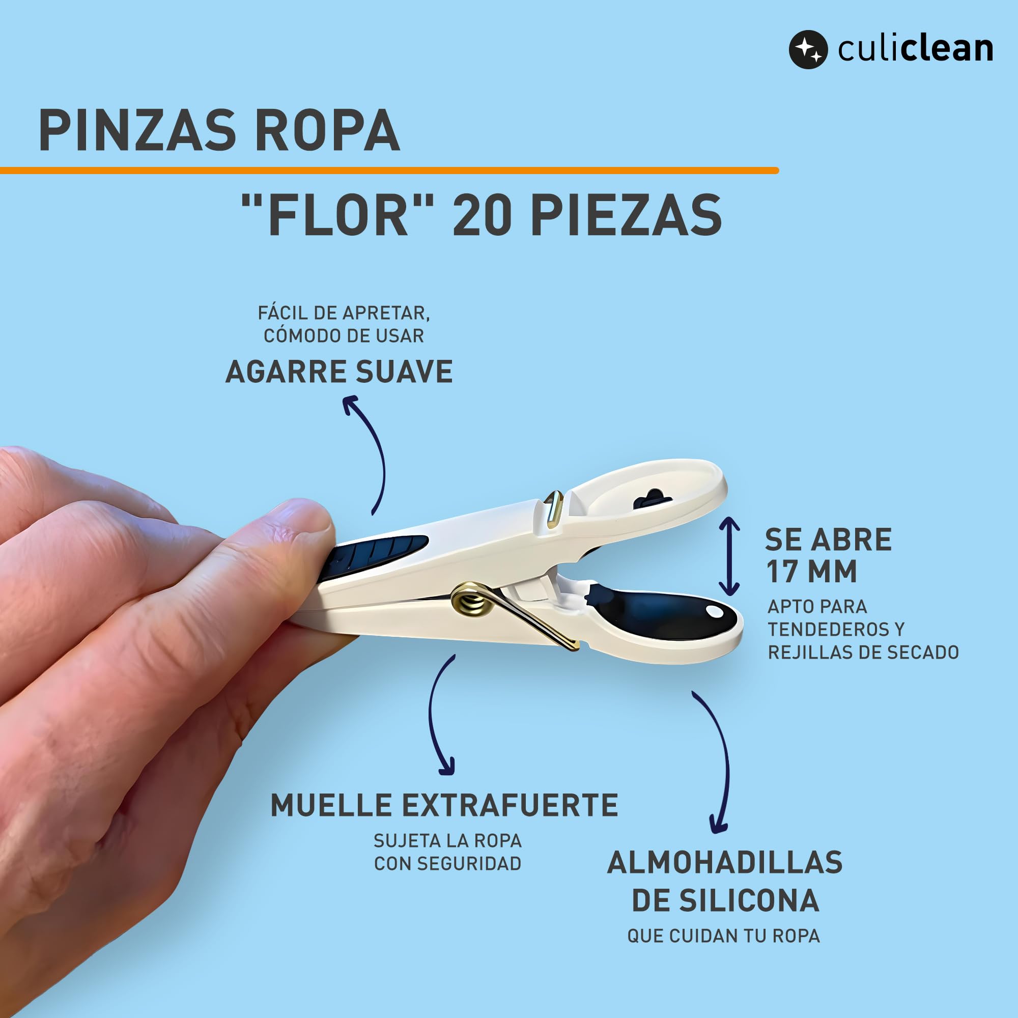 Culiclean Pinzas Ropa Fuertes – 20 Pinzas para Tender Ropa Que No Dejan Marca – Plástico Resistente y BPA-Free – Fabricado en Francia – Flor, Negro-Blanco/Blanco-Negro