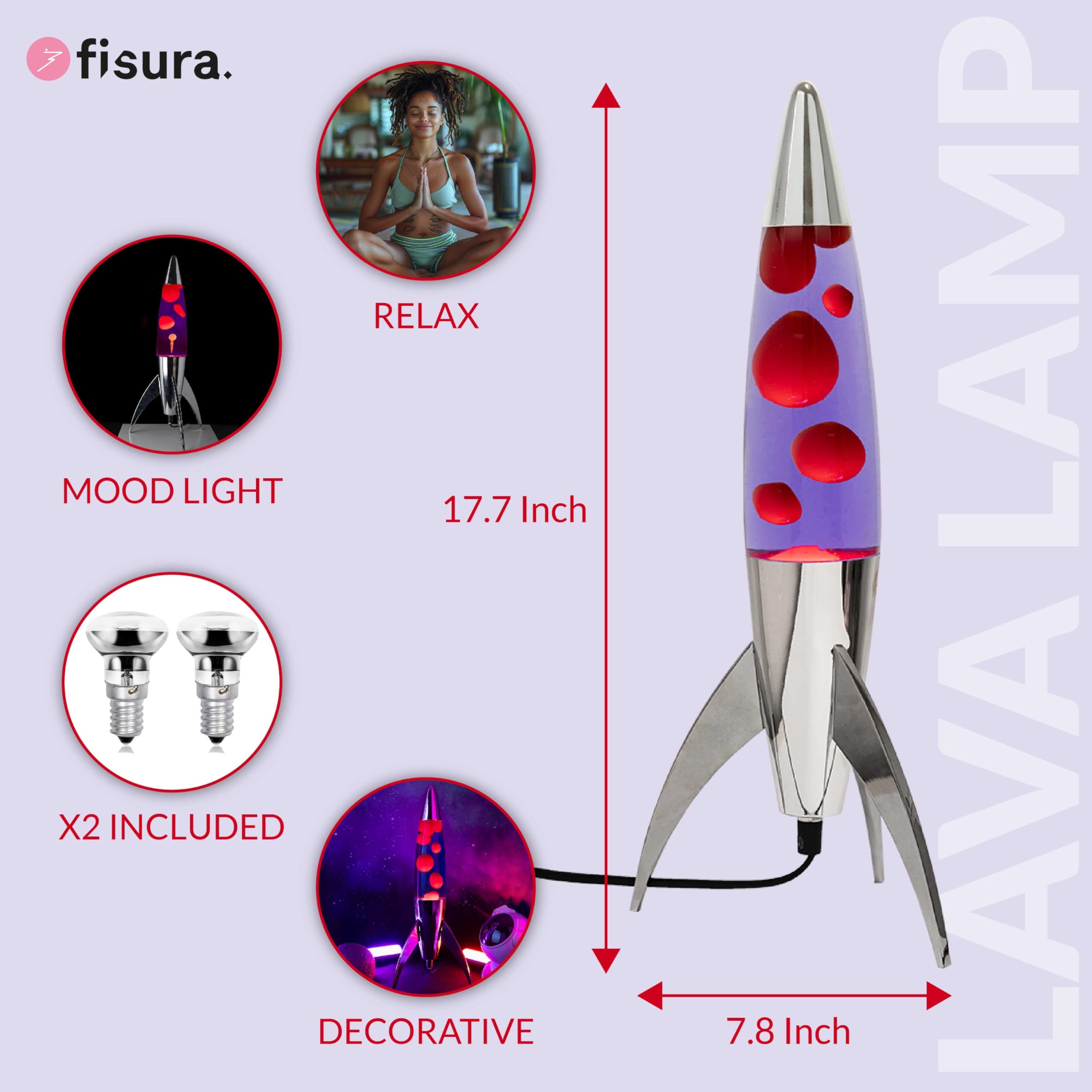 Fisura - Fioletowa lampa lava "rocket". Chromowana podstawa, fioletowy płyn i czerwona lawa. Retro lampa lava z zapasową żarówką. 20 cm x 20 cm x 45 cm.