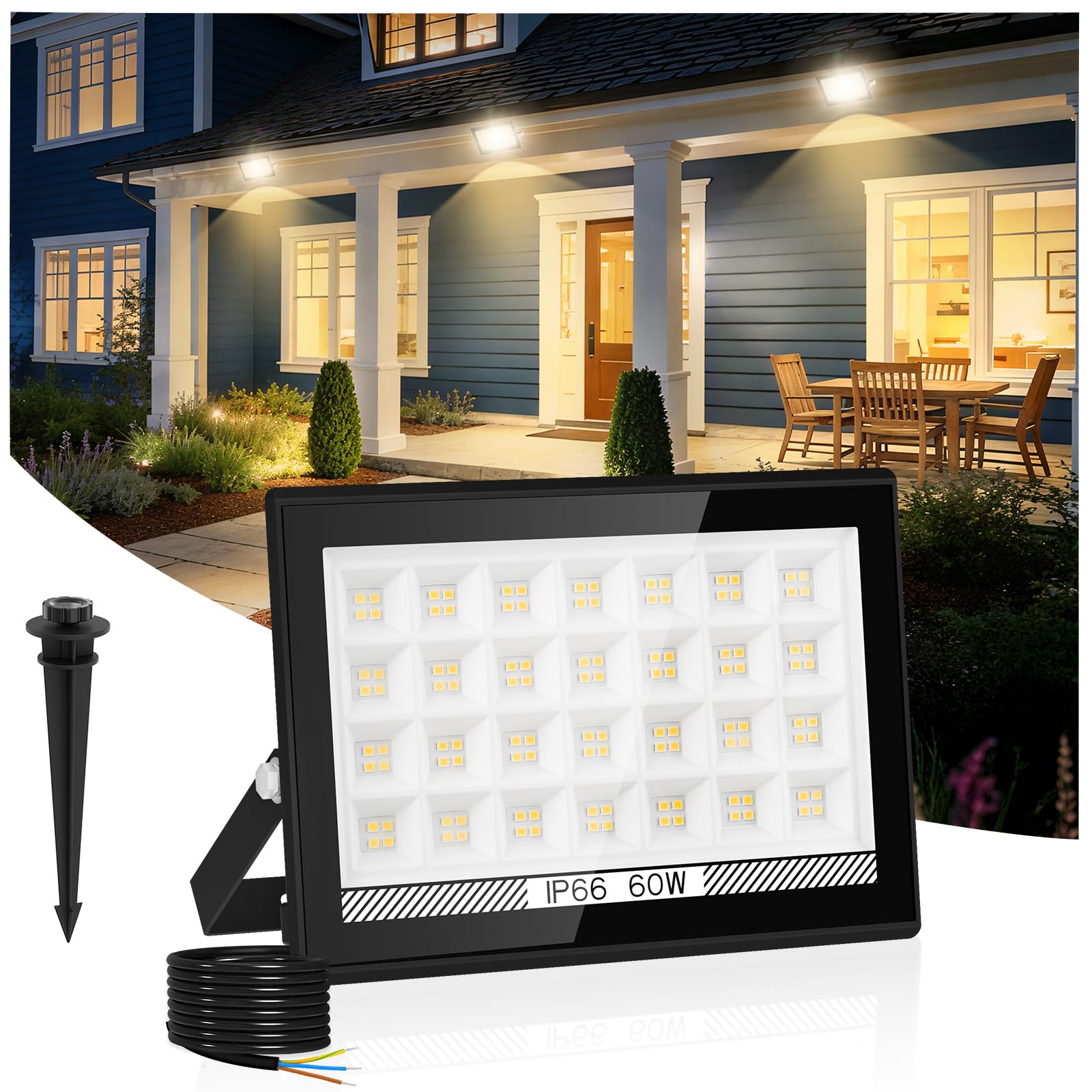 T-SUNUS LED Floodlight Outdoor 60W 6000LM, Security Lights IP66 Waterproof, 4000K Cool White Wall Light, Adjustable 180° Bracket, Led Spot Lights Outdoor for Garage Garden Hallway Backyard