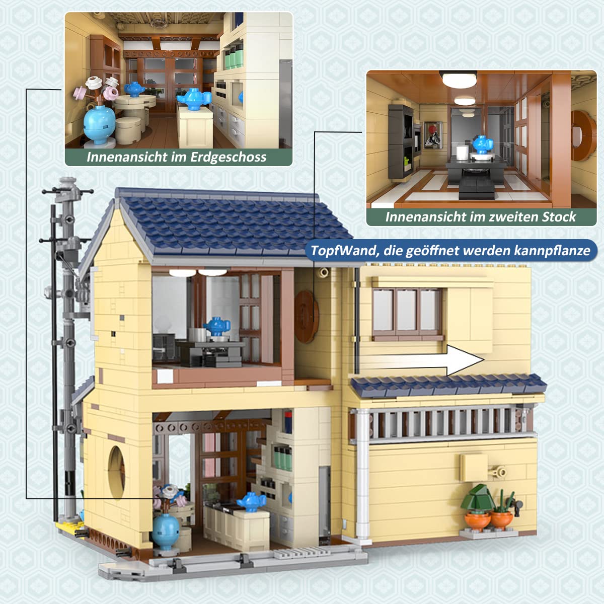 Japanisches Teehaus Klemmbausteine Haus (1200 Teile) Japan Tea House Architektur, Japanese Straßen Modular Buildings für Erwachsene C66010W