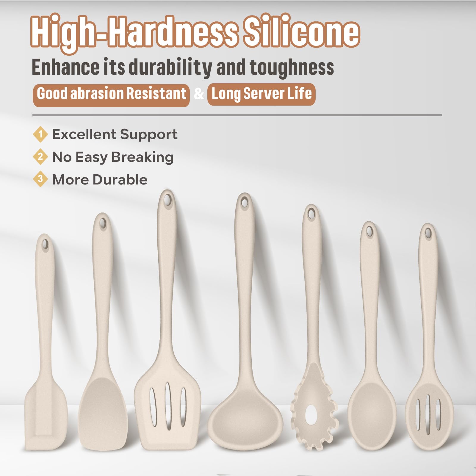 E-far Juego de utensilios de cocina de silicona, 7 piezas, caqui