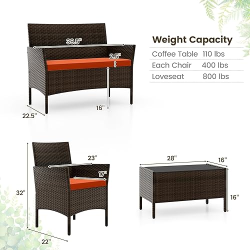 Miniatura 3 de RELAX4LIFE Juego de muebles de patio de 4 piezas Juego de muebles de ratán para conversación al aire libre con cojines, mesa de centro de cristal,