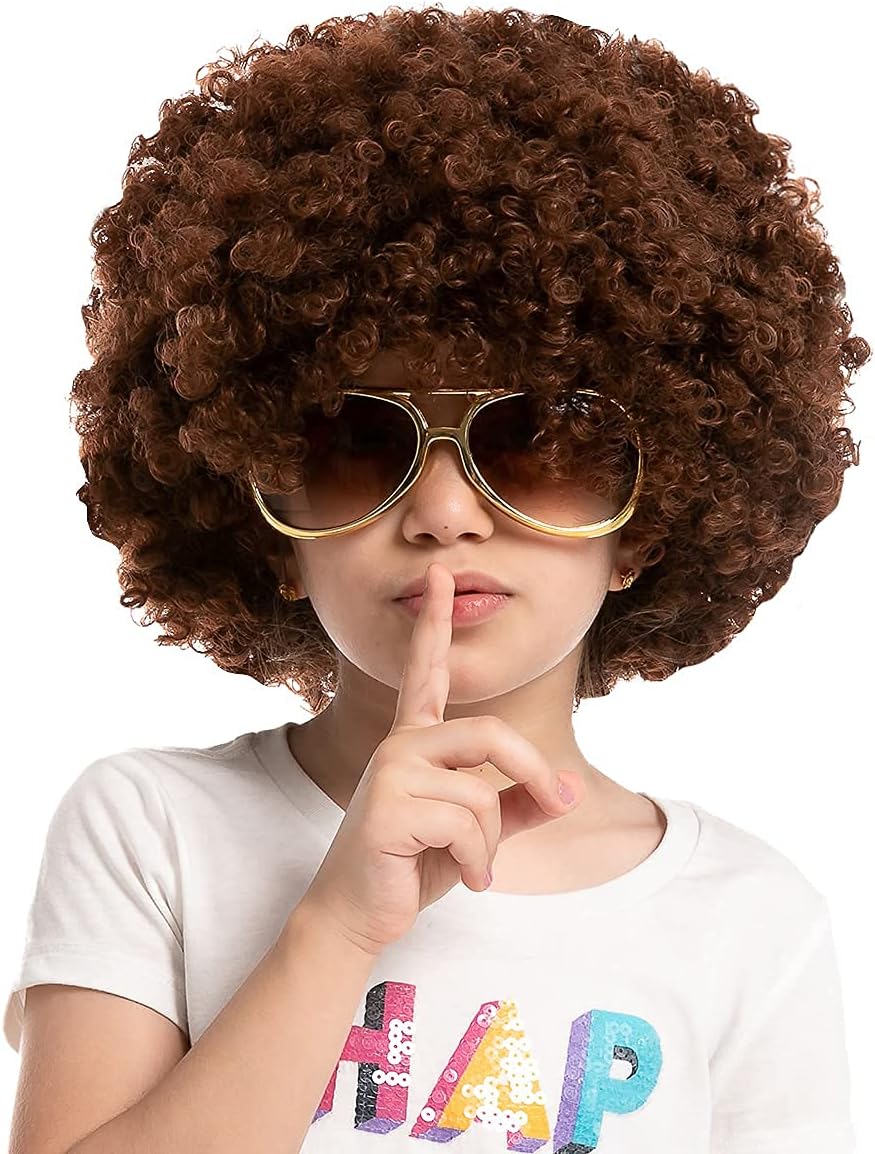 Spooktacular Creations 80s' Painter Brown Curly Clown Afro Wig and Beard, Disco Hippie Costume, Funky Curl Hair for kids for 70s/80s/90s Party Cosplay Halloween Funny Wig - Image 7