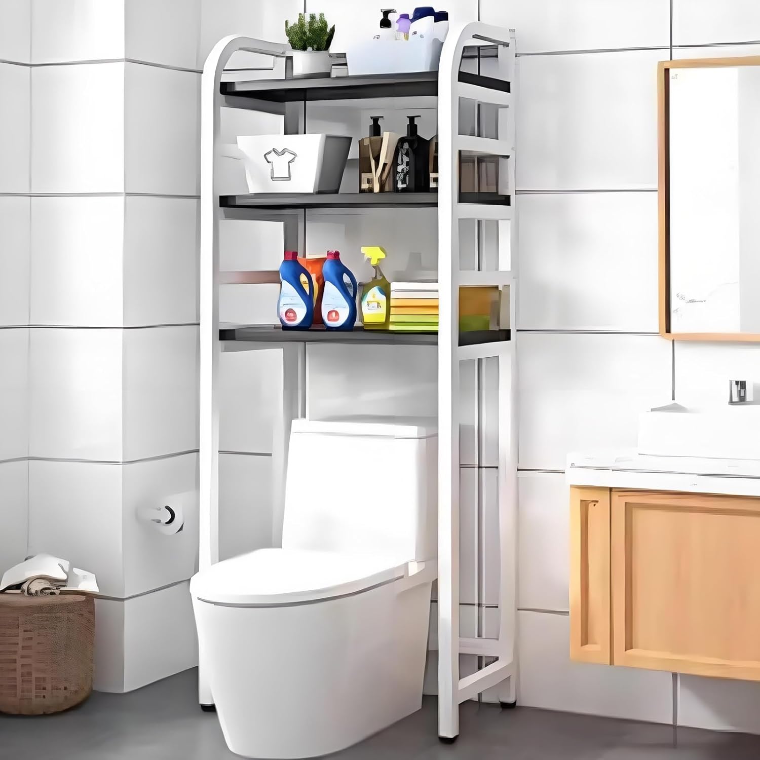 Over the Toilet Storage Cabinet, 3-Tier Toilet Bathroom Organizer Shelf, Freestanding Metal Frame Toilet Storage Rack, Multifunctional Space-Saving for Small Rooms(White,19.6x51.1inches/50x130c