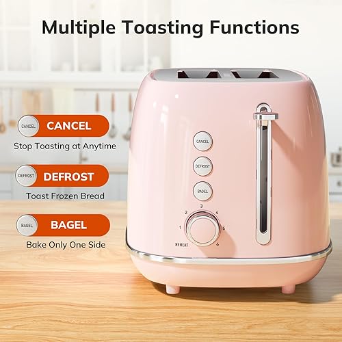 Vista 28 de Tostadora retro de acero inoxidable de 2 rebanadas, bagel, cancelación, funciones de descongelación, 6 ajustes de sombra, ranura extra ancha