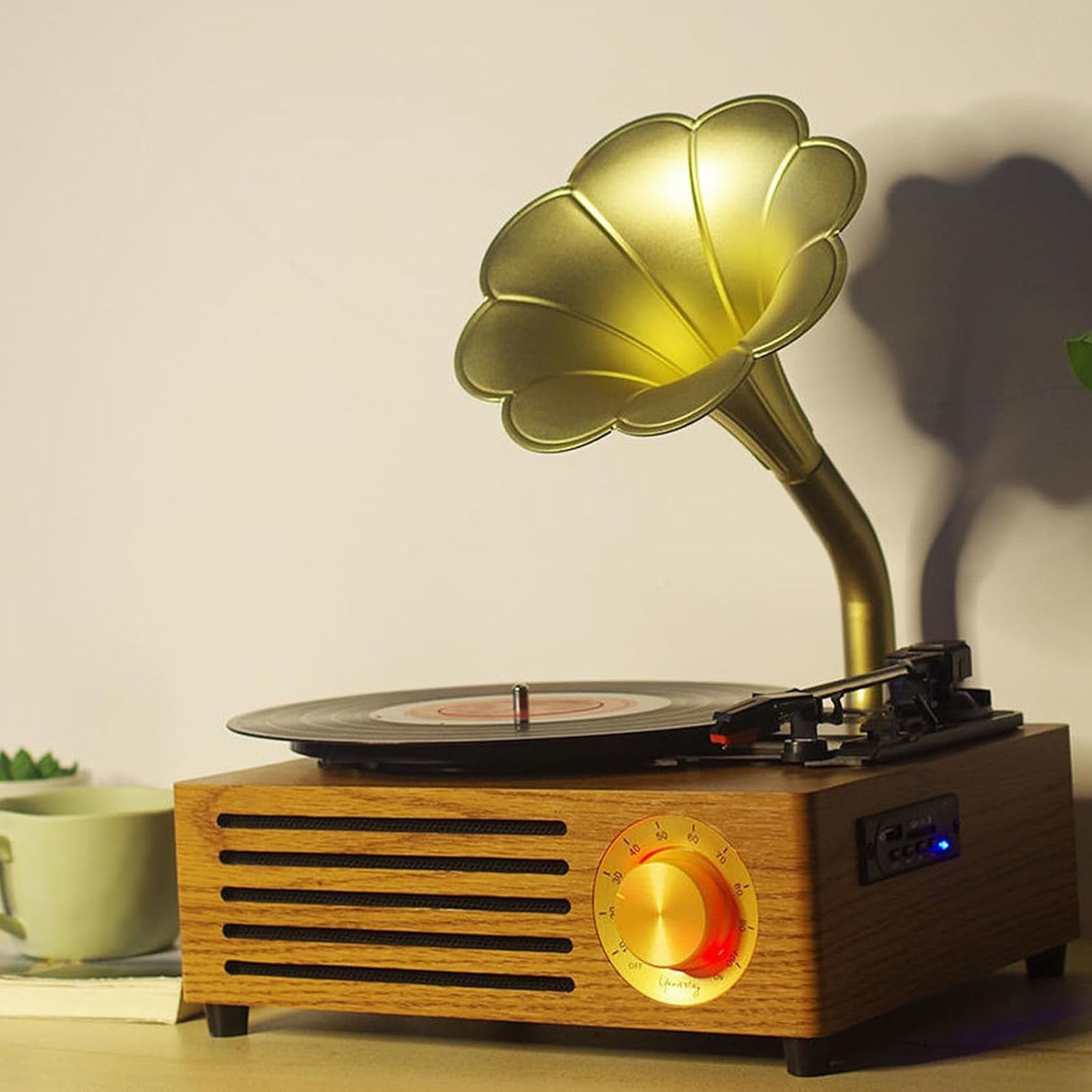 Giradischi in vinile Bluetooth con altoparlanti stereo, lettore di schede SD, 3 velocità (33/45/78), ideale per hotel, club, bar e studi di yoga