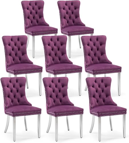 Miniatura 95 de Juego de 6 sillas de comedor de terciopelo, sillas de comedor tapizadas acolchadas con ribete de tachuelas y patas de madera maciza para cocina,