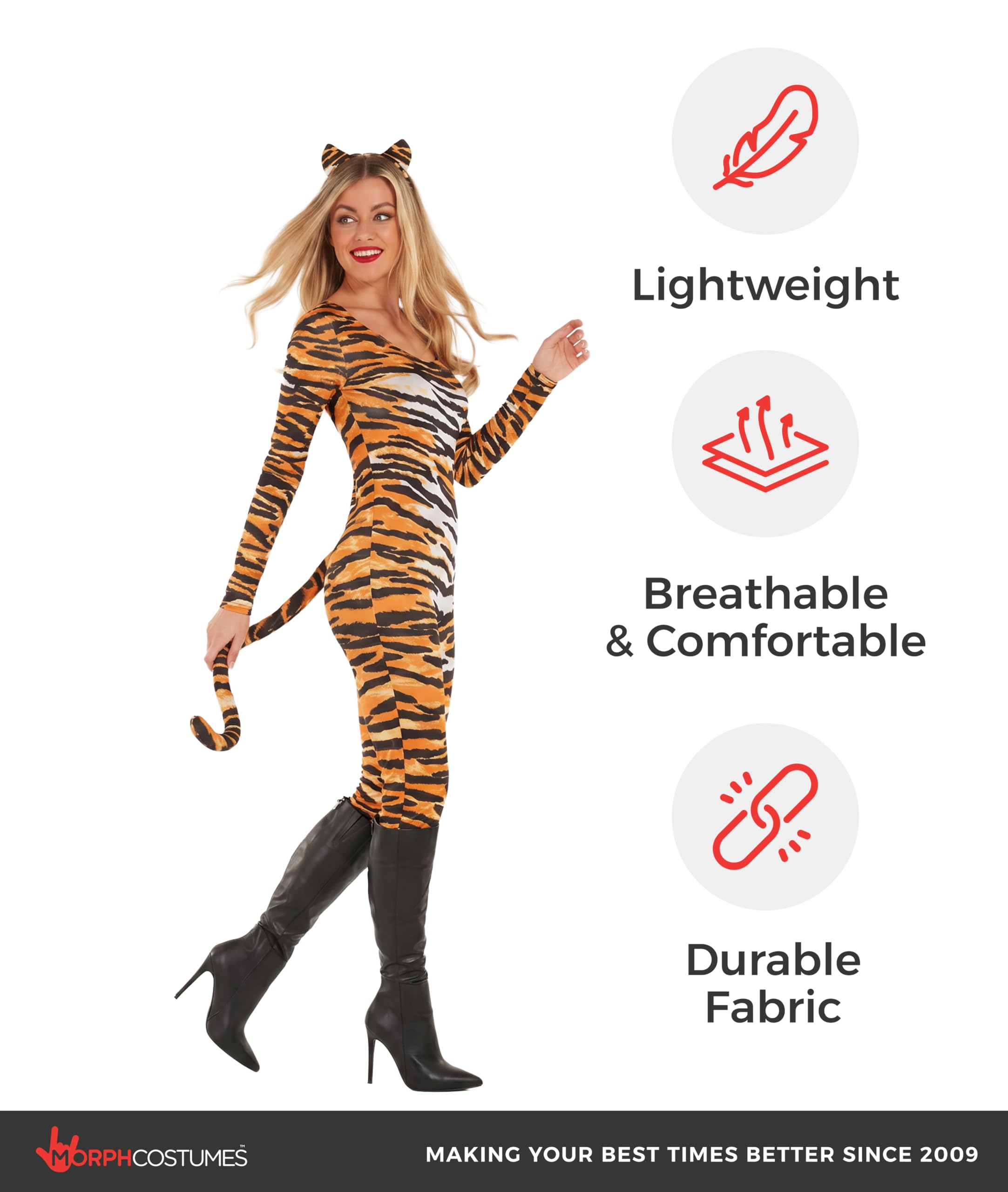 Morph Disfraz de tigre para mujer adulta, con estampado de tigre naranja, vestido de Halloween, accesorios de disfraz