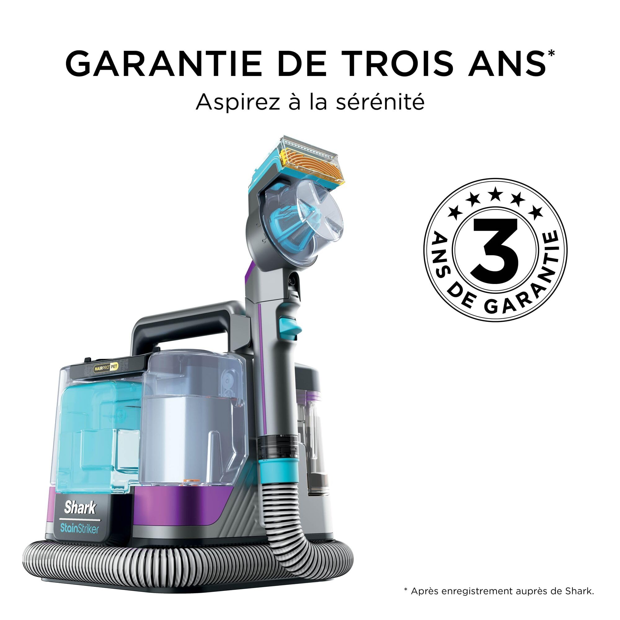 Shark StainStriker HairPro spécial animaux, Aspiration 450 W, Extracteur de poils, Élimine taches et odeurs, Léger et portable, Inclus : 4 accessoires et 2 formules de nettoyage PX250EUT