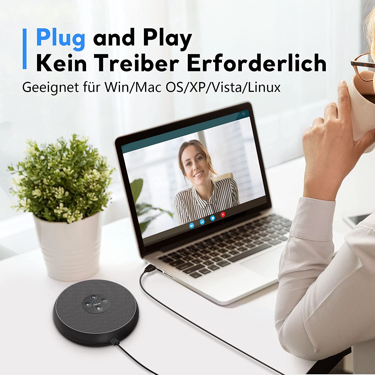eMeet Haut-Parleur de conférence USB - M1A Haut-Parleur pour PC avec réduction du Bruit pour 1 à 4 Personnes, Einceinte avec 2 Microphone à 360°, Plug and Play pour Win/OS/Linux et Skype, Zoom, etc.