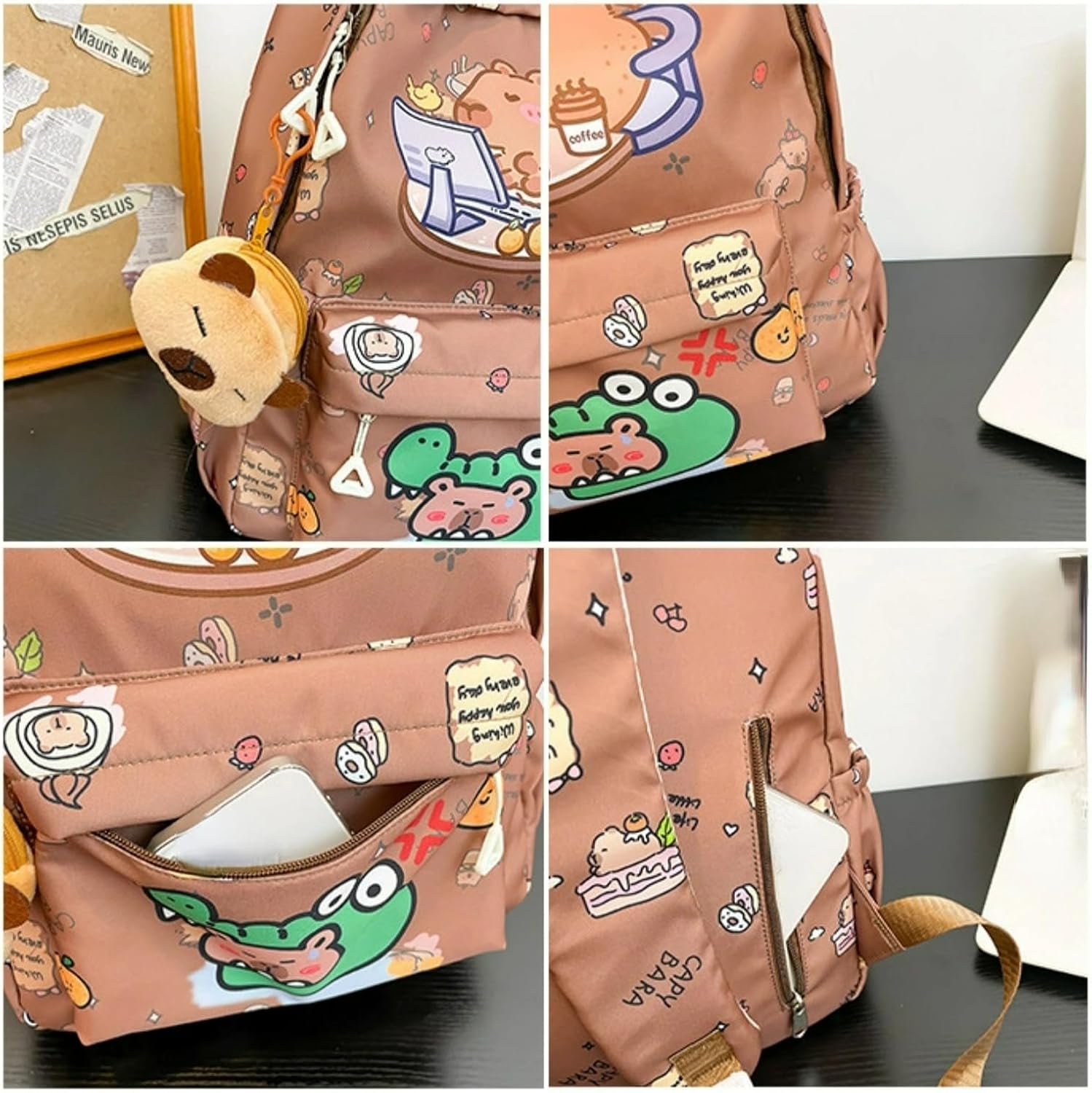 Capybara Fashionable Print Large Capacity Backpack with Pins and Accessories For Adults Ita Bag (Brown) - Image 7