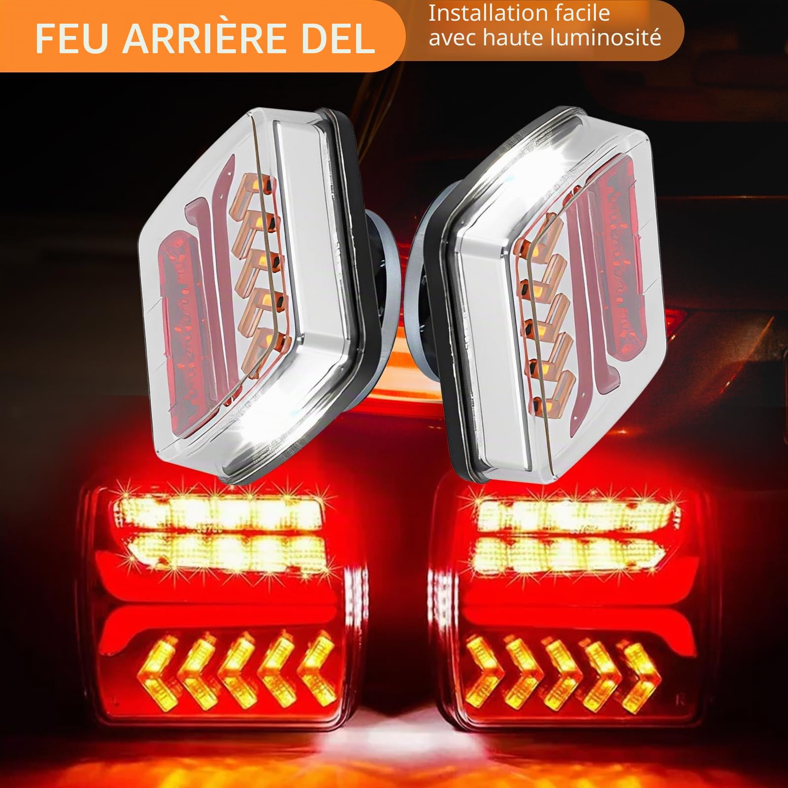 Feux arrière LED remorque sans fil, 12/24V Ensemble feux arrière à télécommande magnétique avec feux stop, clignotants, feux de position et éclairage plaque d’immatriculation, Étanche IP65 pour camion
