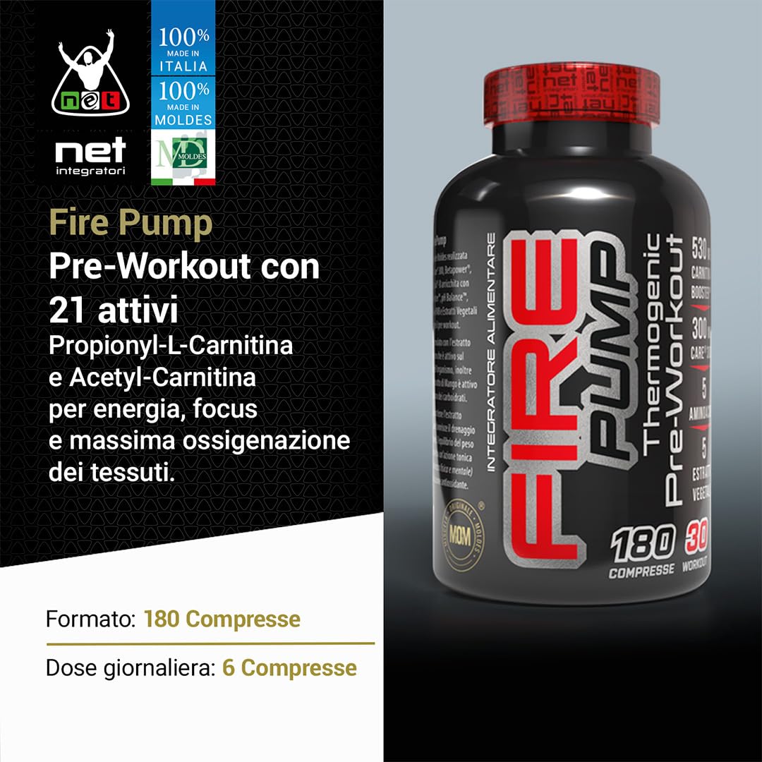 Net Integratori Fire Pump 180 cpr – Integratore Pre-Workout per la fase Cut – Propionyl-L-Carnitina e Acetyl-Carnitina per Energia Resistenza e Supporto alla Massa Muscolare