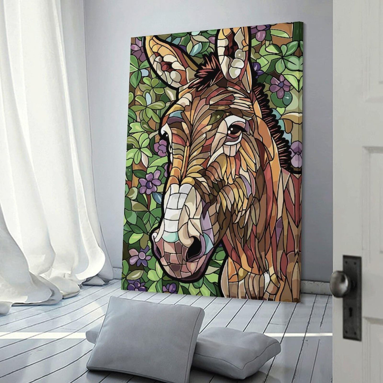 Junmoney Frame-Style-1-1 Stained Glass Donkey Portrait Wall Picture Print 20X30inch(50X75cm), For Lounge Decor, Offices Or Entryway Styling, Versatile Wall Decor For Many Rooms