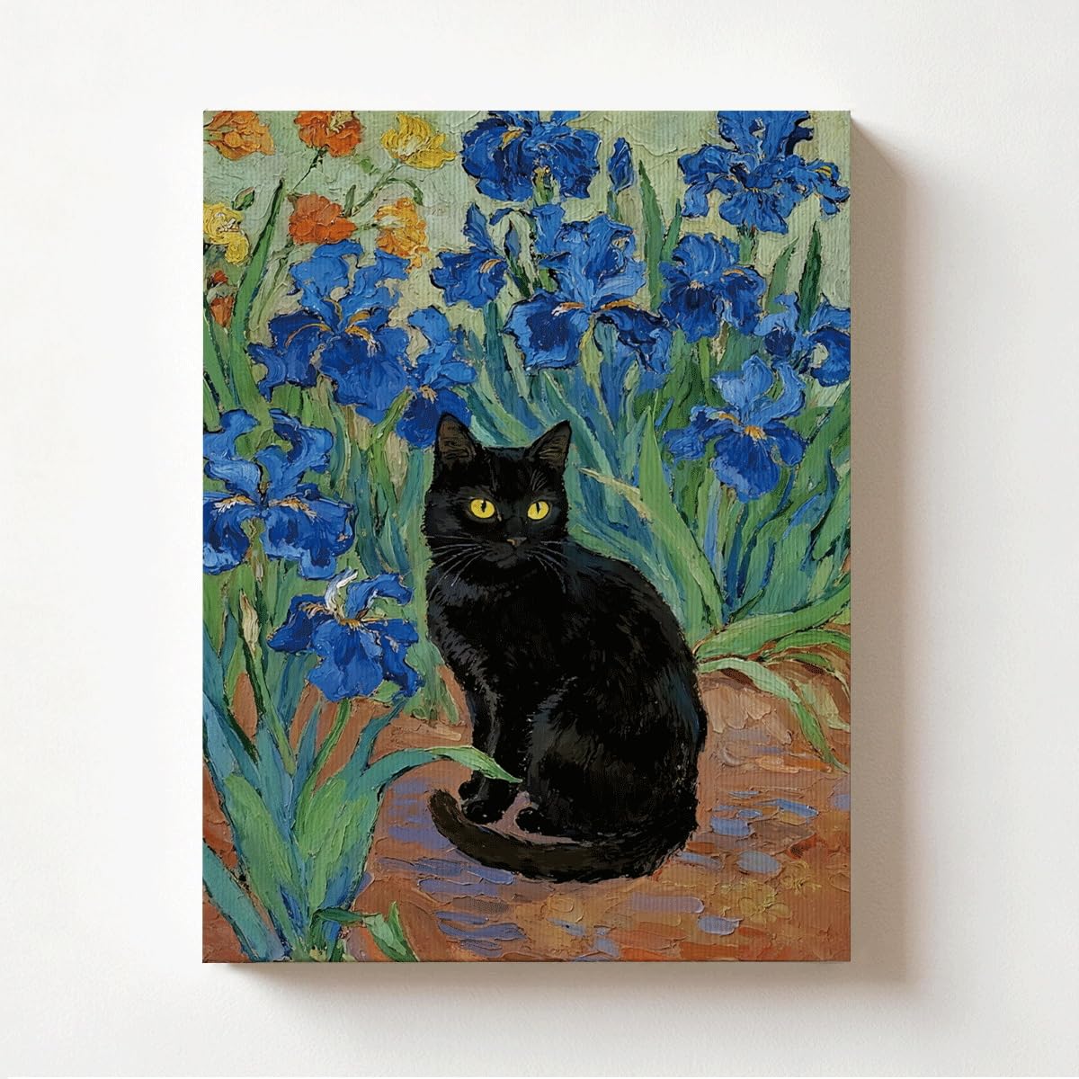 8x10 Inches Fine Art Oil Painting Wall Art Black Cat Among Irises Canvas Print Impressionist Floral Animal Artwork