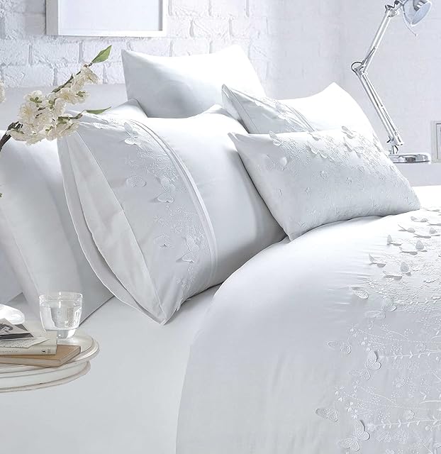 Belle Maison Papillion White Luxury Embroidered Butterfly Super King Size Duvet Cover Set
