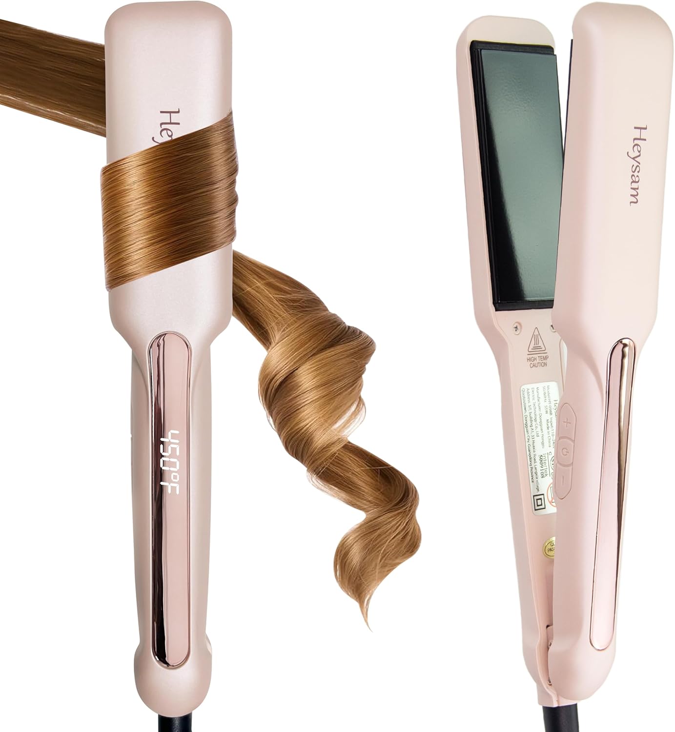 Heysam Ceramic Hair Straightener Flat Iron and Curler 2 in 1, Wide 1.6-Inch Ionic Iron, Dual Voltage Travel Portable Straightening Irons for Thick Hair, 30S Fast Heating, LCD Display, 310℉-450℉, Pink