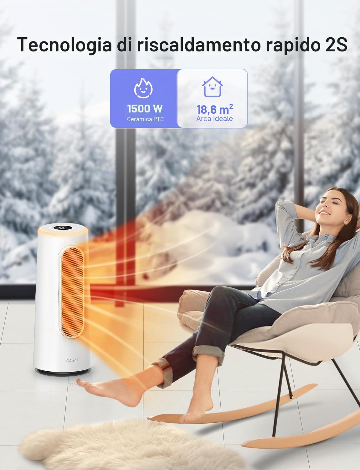 CLEVAST Termoventilatore a risparmio energetico, 1500W, riscaldamento elettrico con regolazione della temperatura e funzione timer, 83° oscillante, termoventilatore in ceramica per ambienti camera (L)