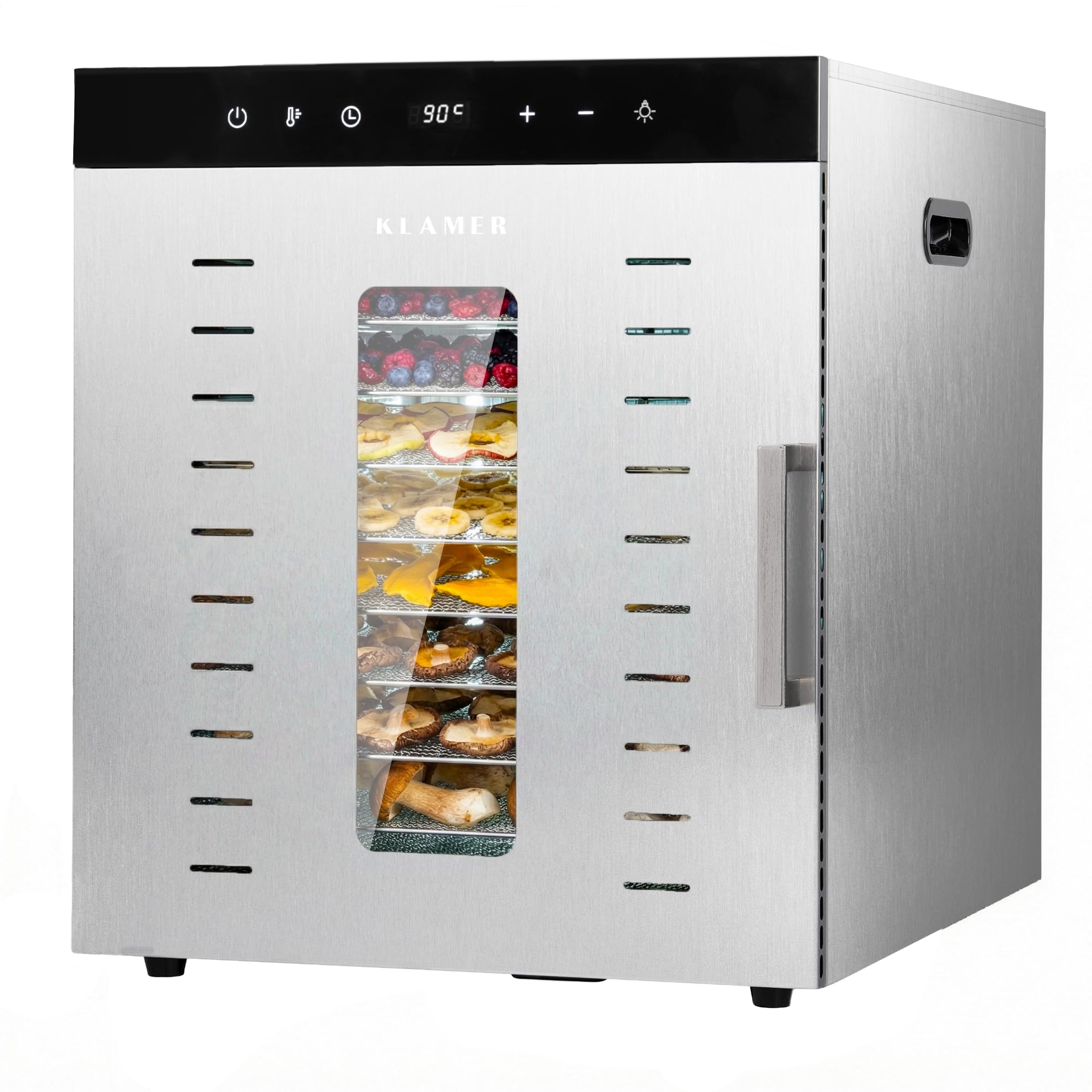 KLAMER Dörrautomat Edelstahl XXL 1000W mit 10 höhenverstellbaren Fächern | 24-Stunden-Timer, 30 bis 90 °C für Obst, Gemüse und Beef Jerky, Touch-Bedienung und Abschaltautomatik