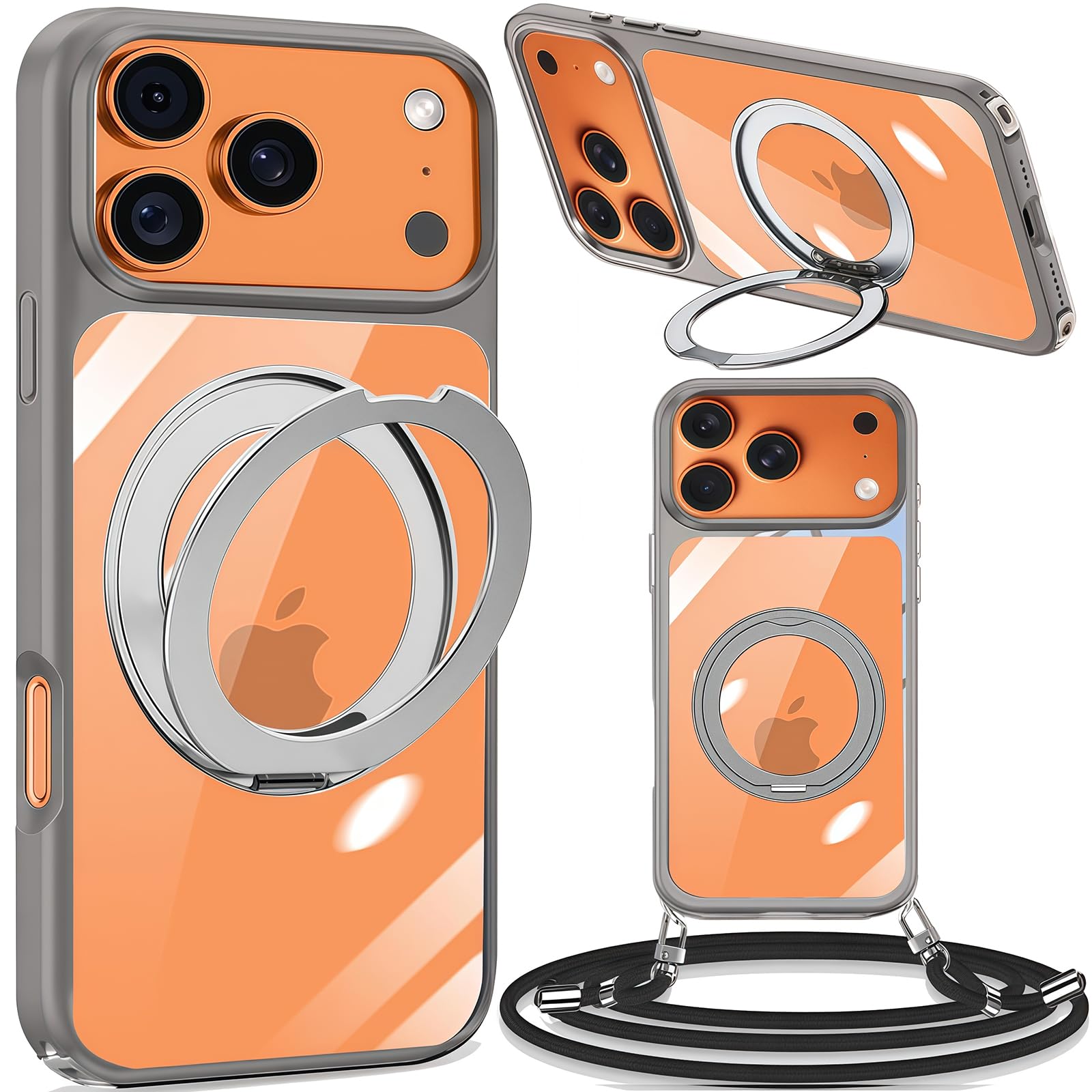 Yuzuhero iPhone 17Pro用 ケース アイフォン17pro（ケースストラップ付き 長さ調節可能な ショルダー 肩がけ 首掛け 紐付き 斜めがけ スマホケース いphone17pro（用ケース magsafe対応 360°回転スタンド 縦横両対応 リング マグネット搭載 [耐衝撃 傷防止 レンズ保護 米軍MIL規格 防指紋]ワイヤレス充電対応 アイホン17proカバー<グレー>