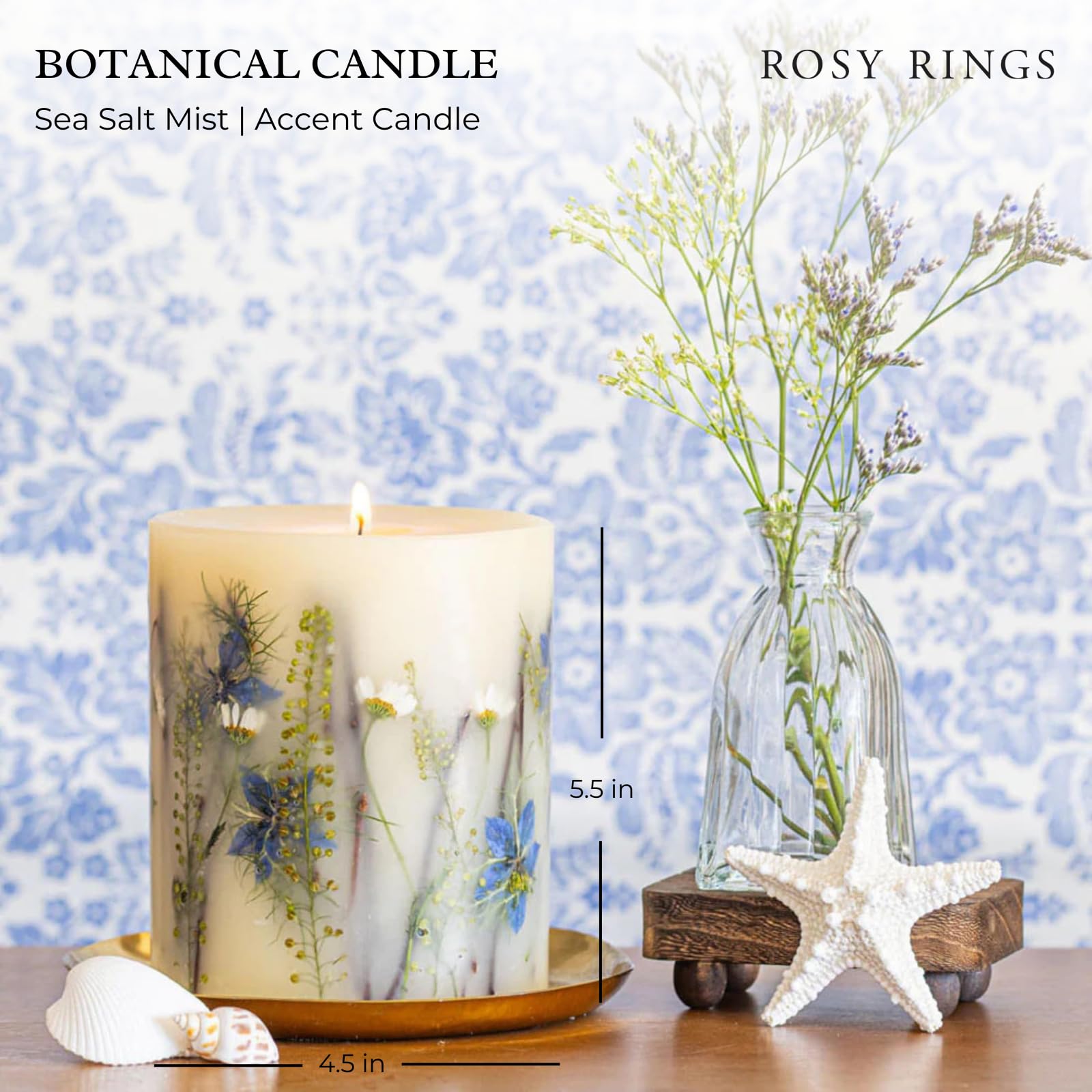 Rosy Rings Vela botánica de sal marina, una sola pieza, 4.5 x 5.5 pulgadas, 120 horas de combustión, cera con flores incrustadas florales, aroma costero, decoración de baño, sala de estar, spa, regalo