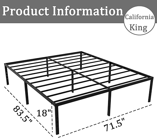 Miniatura 3 de Marcos de cama California King de 18 pulgadas de alto, tamaño California King, base de colchón de metal resistente, soporte de listones de acero