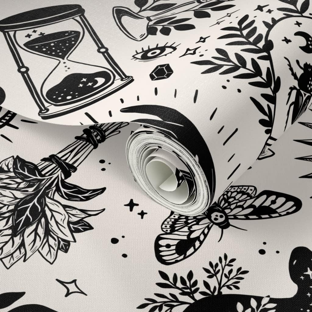 Spoonflower Peel & Stick Wallpaper 3ft x 2ft - Black White Goth Gothic Magic Halloween Witch Monochrome Custom Removable Wallpaper