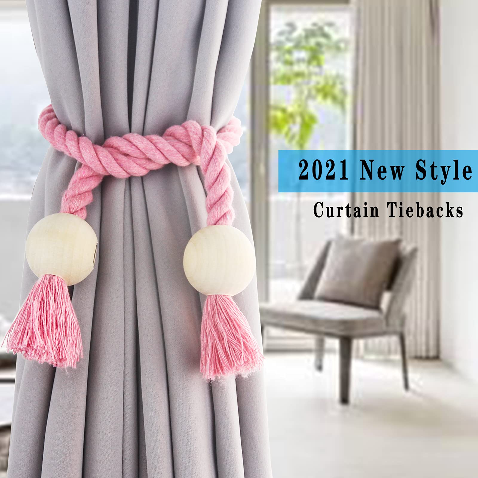 Lot de 6 embrasses magnétiques en coton tissé à la main pour rideaux avec boucle en bois Rose Aucun outil nécessaire