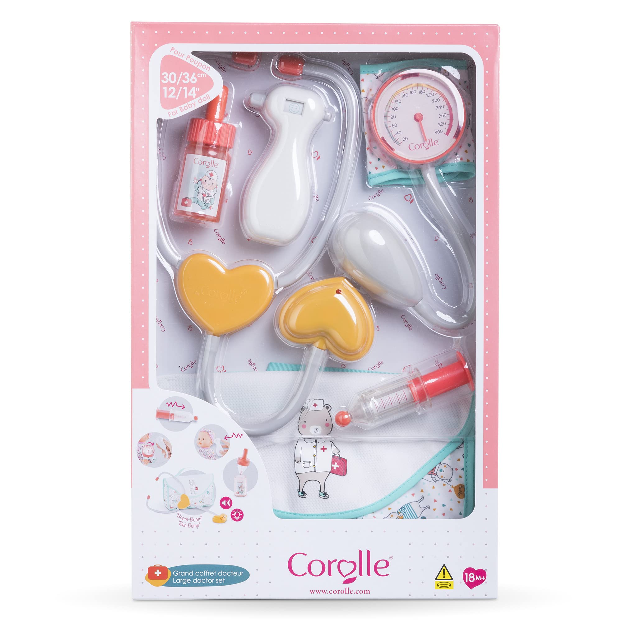 Corolle Set de 6 Piezas de esfigmomanómetro, jeringa, Estetoscopio con función, para muñecas de 30-42 cm, a Partir de 18 Meses
