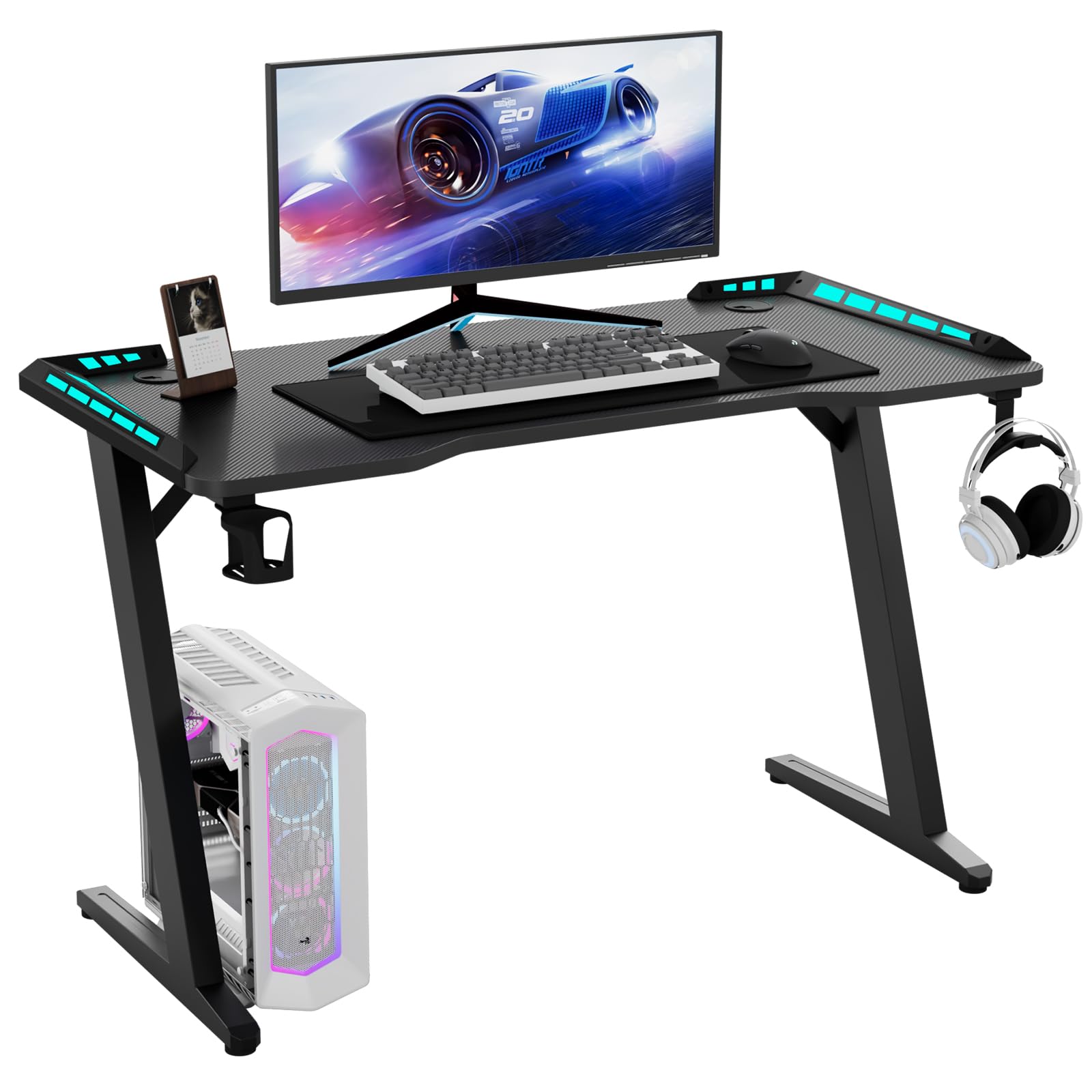 Hironpal Black Gaming Desk with LED Lights, Computer desk Carbon Fibre PC Study Desk with Cup Holder and headphone Hook for Laptop Home Office, 114 * 60 cm