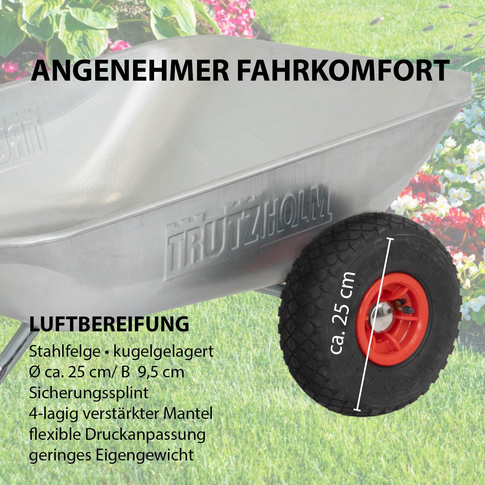TRUTZHOLM Schubkarre Einhandkarre Friedhofskarre Pflanzkarre Gartenkarre Handwagen Traglast 100 kg Volumen 75 L mit Luft- oder Vollgummireifen (Luftreifen)