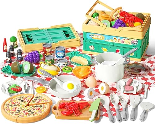 Juego de cocina de 80 piezas, cocina para niños pequeños con ollas, sartenes, utensilios de cocina, alimentos, manta de picnic, frutas, verduras,